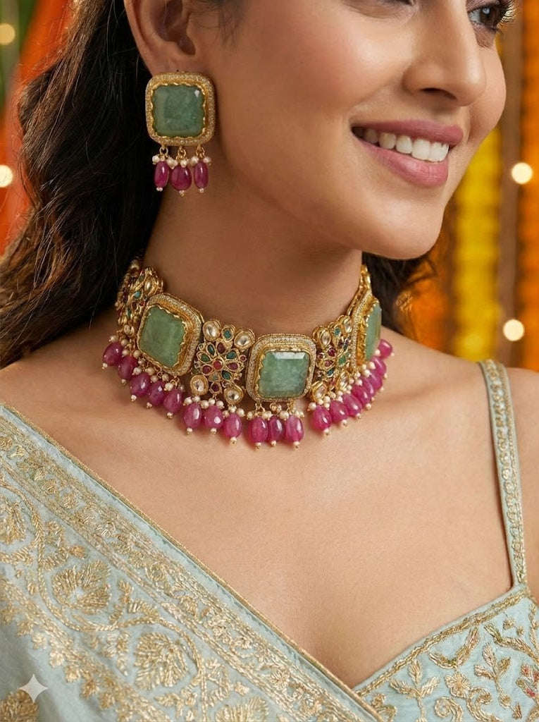 Introduce a splash of playful elegance to your jewelry collection with this Pista-Rani Heritage Choker Set from House of Gulmarg.