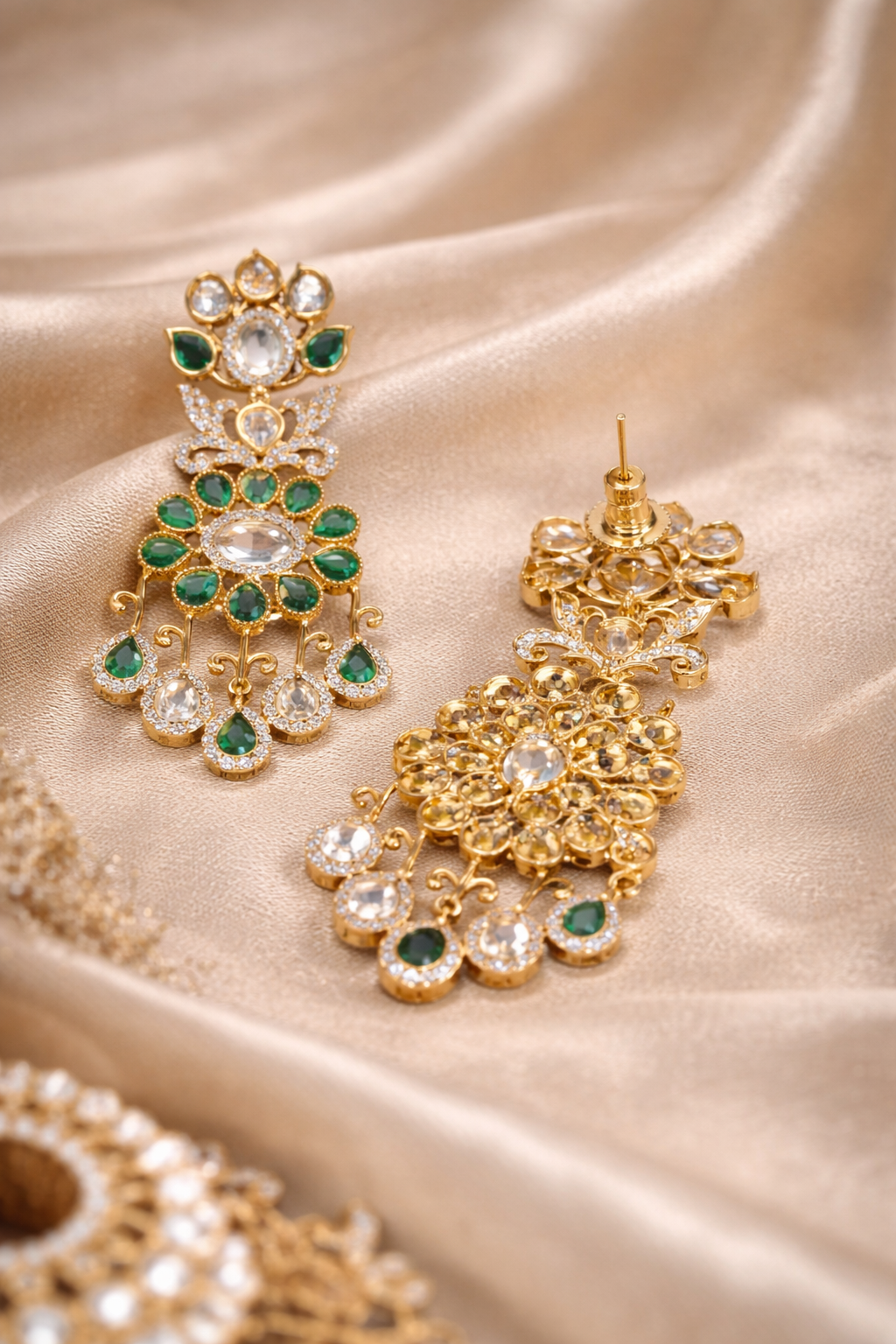 The Aira Emerald Floral Polki &  Pearl Dangle Earrings