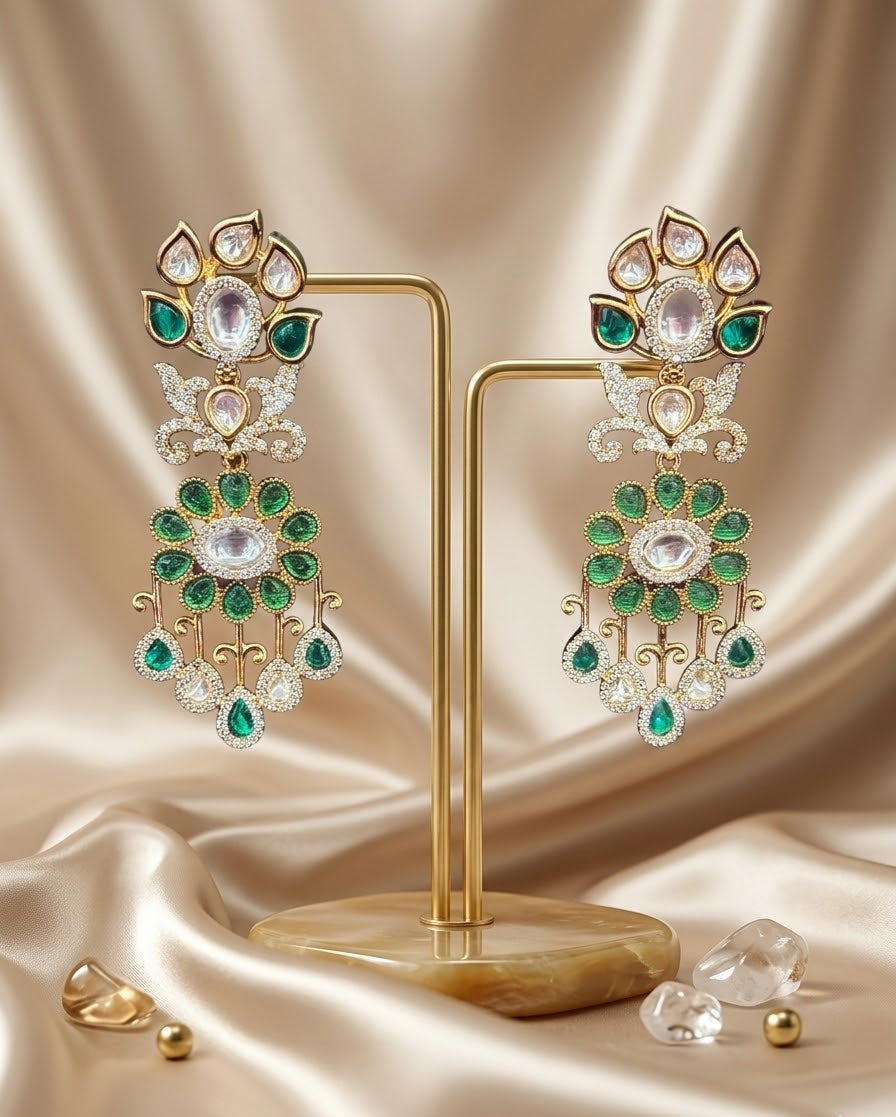 The Aira Emerald Floral Polki &  Pearl Dangle Earrings