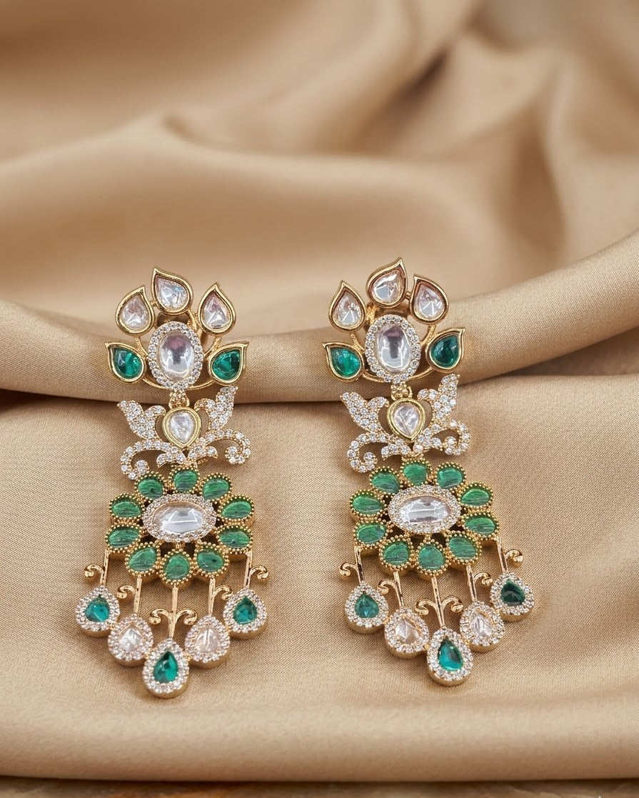 The Aira Emerald Floral Polki &  Pearl Dangle Earrings