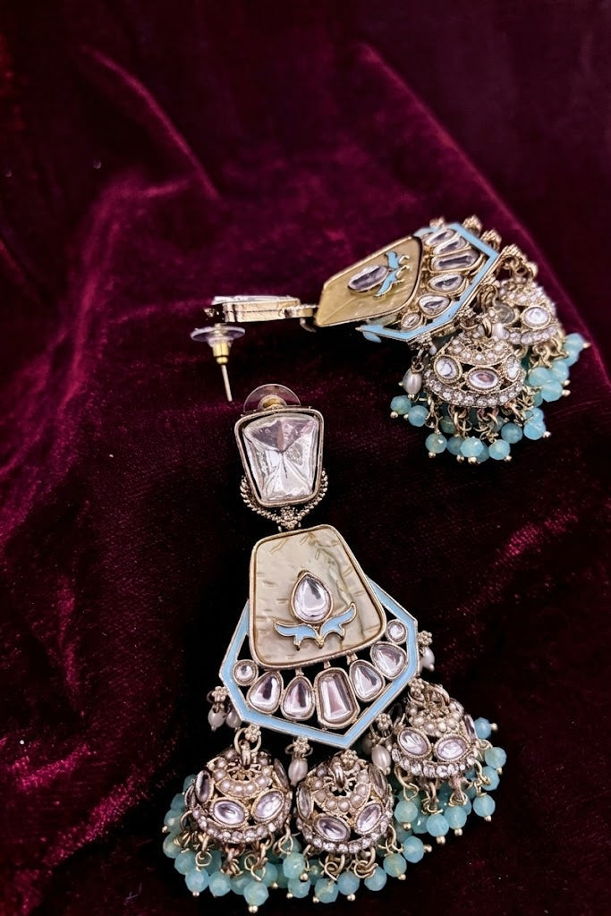 Ivory Aqua Kundan Jhumka Earrings