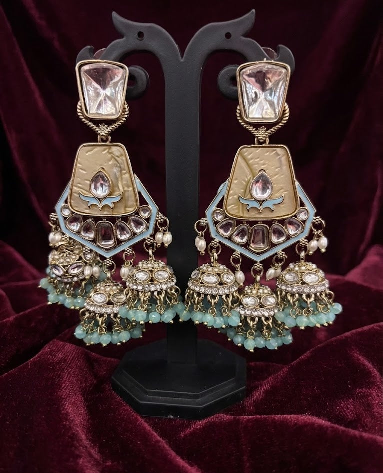 Ivory Aqua Kundan Jhumka Earrings