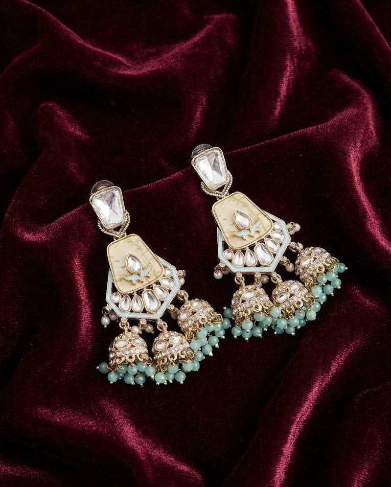 Ivory Aqua Kundan Jhumka Earrings