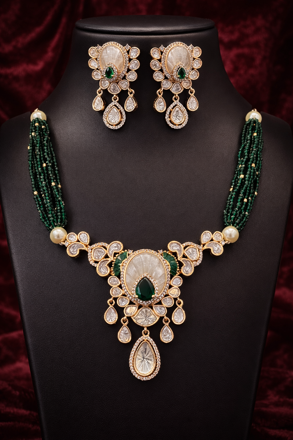 Emerald Green Beaded Polki-Style Choker & Earring Set