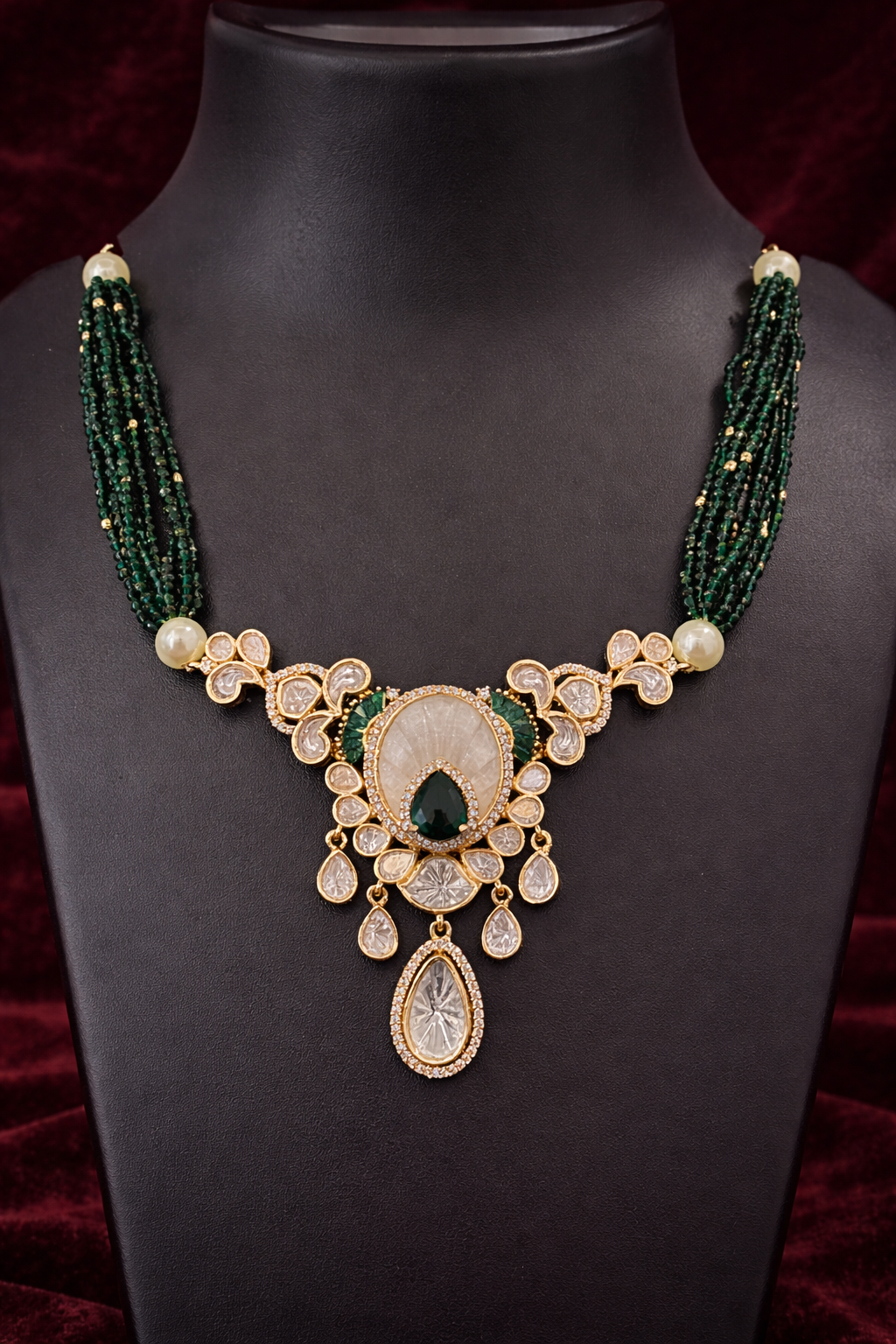 Emerald Green Beaded Polki-Style Choker & Earring Set