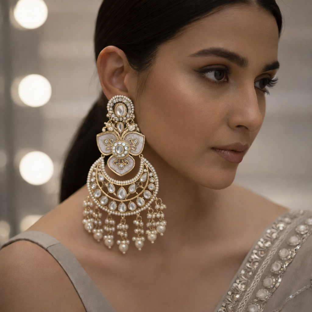 Royal Kundan Chandbali Earrings - White