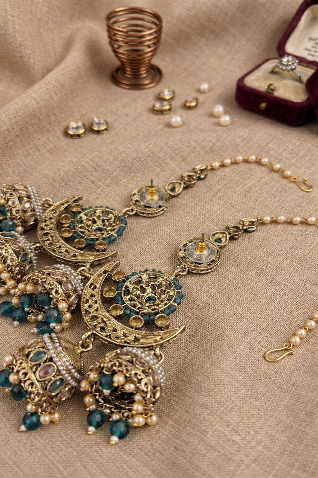 Teal Blue Chandni Triple-Layer Kaan-chain Jhumka