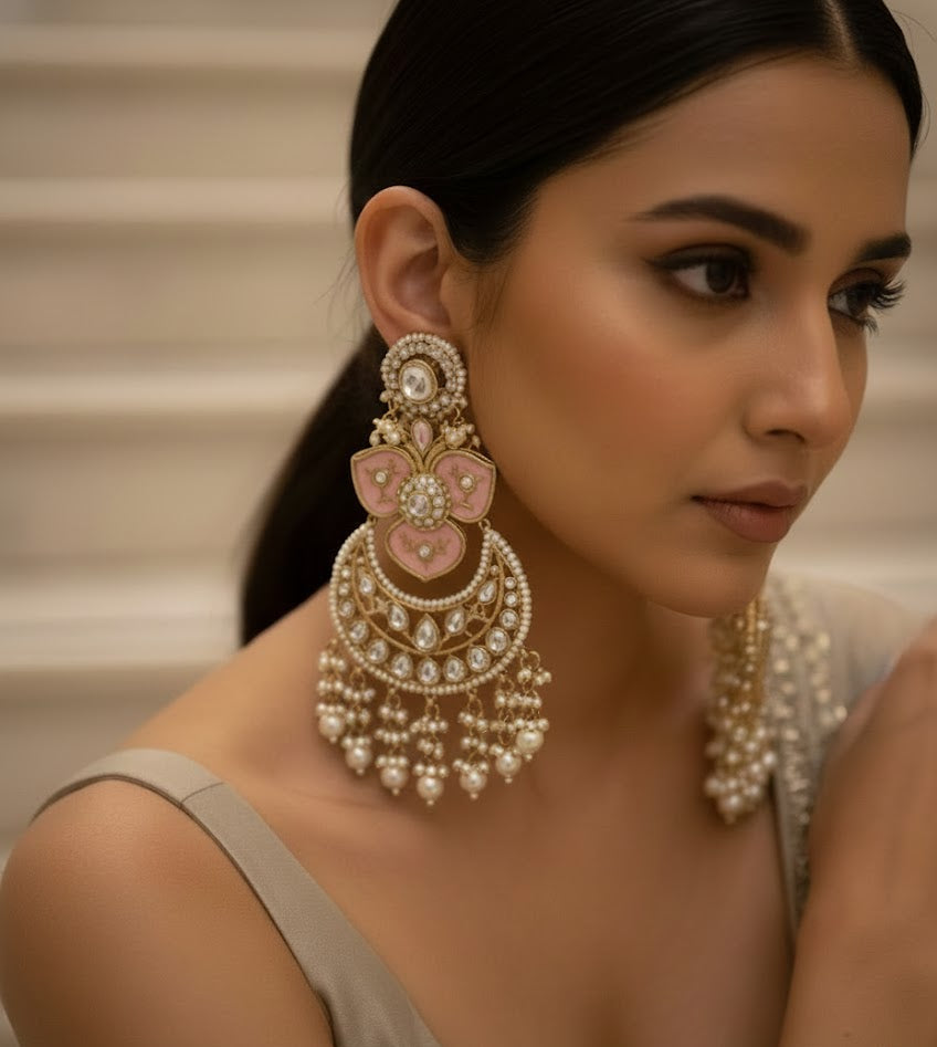 Royal Kundan Chandbali Earrings - Pink
