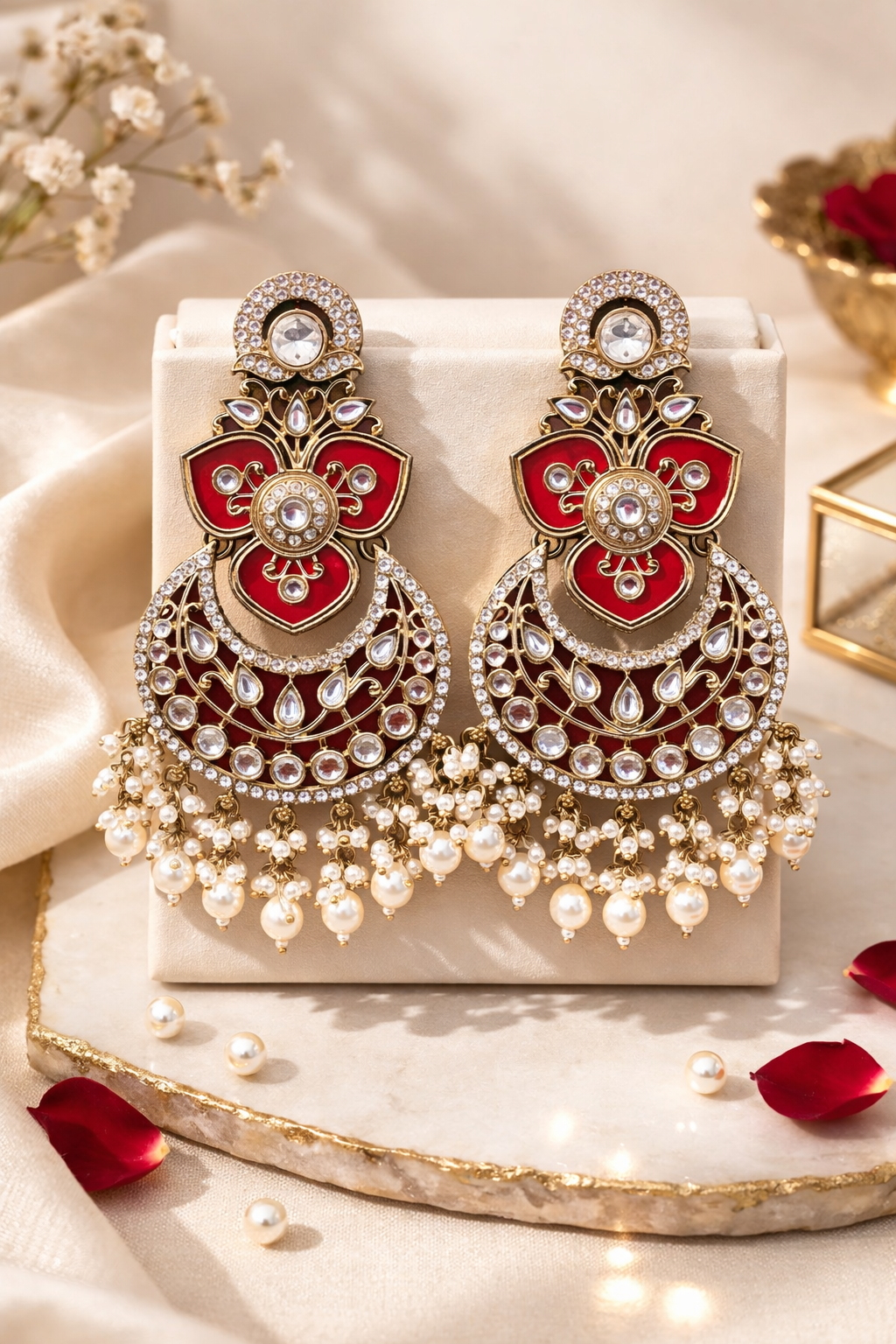 Royal Kundan Chandbali Earrings - Red