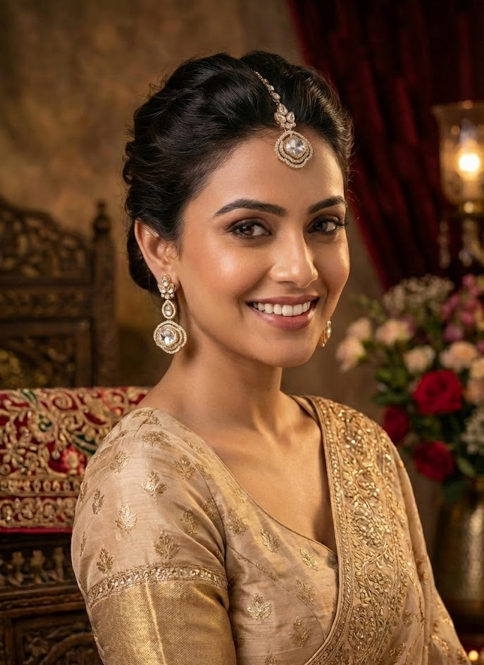 Crystal Polki Dangler  Earrings with Maang Tikka