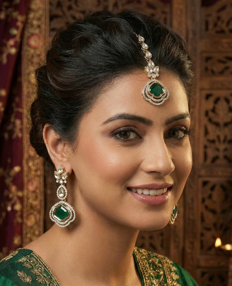 Emerald Green Polki Dangler  Earrings with Maang Tikka