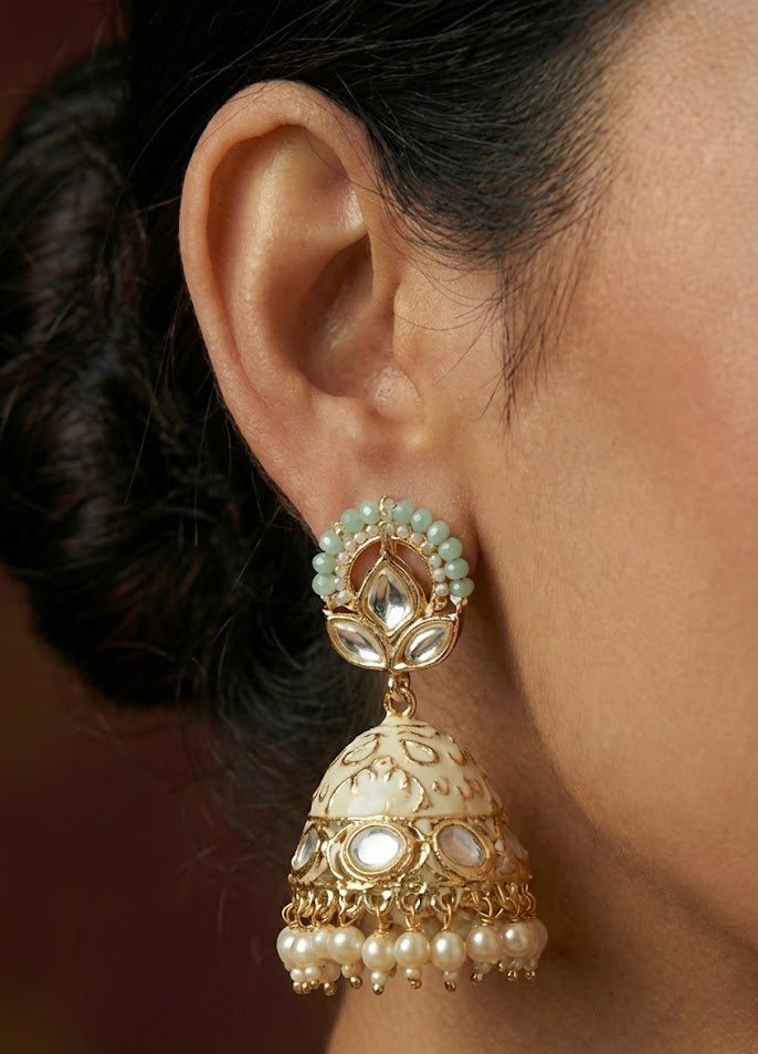 The Mint & Pink Lotus Jhumkas | Meenakari & Pearl Drops