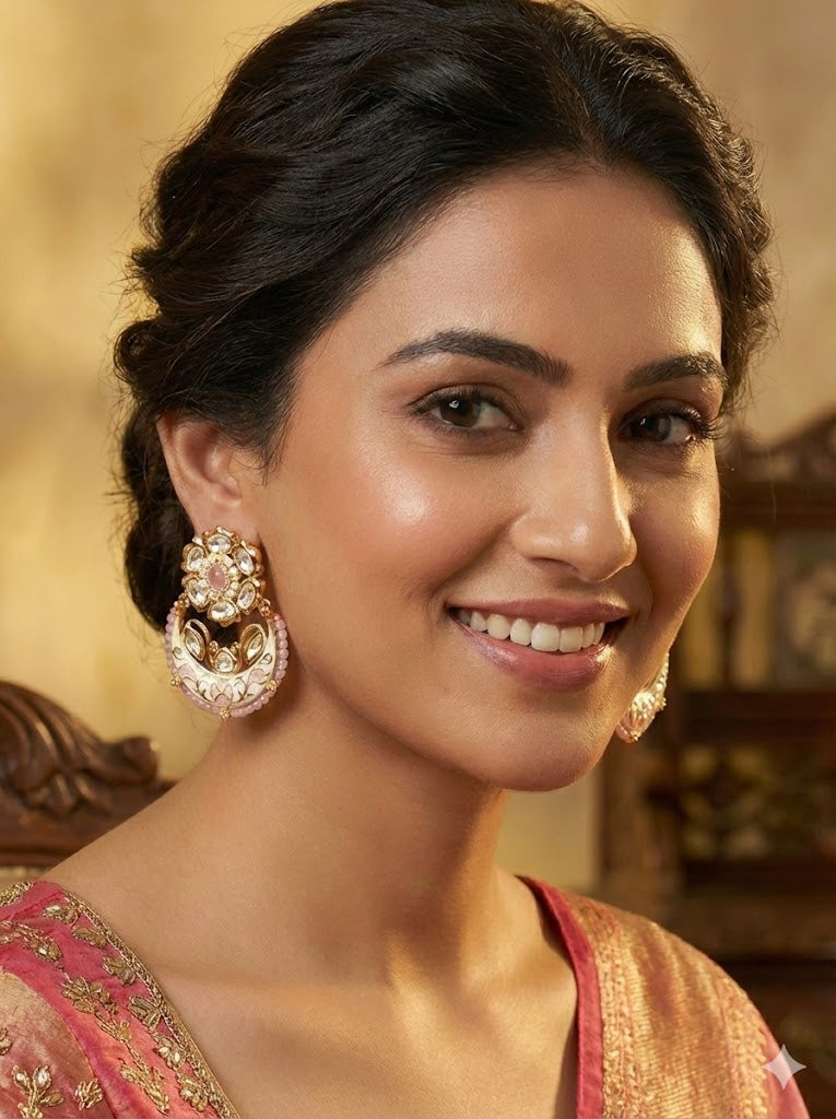 Blush Pink Meenakari & Kundan Chandbali Earrings