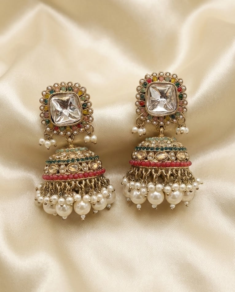 Multicolour Kundan Jhumka Earrings & Maang-Tika Set