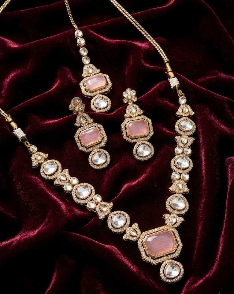 The Blush Pink Heritage Polki Necklace and Mang-Tika Set