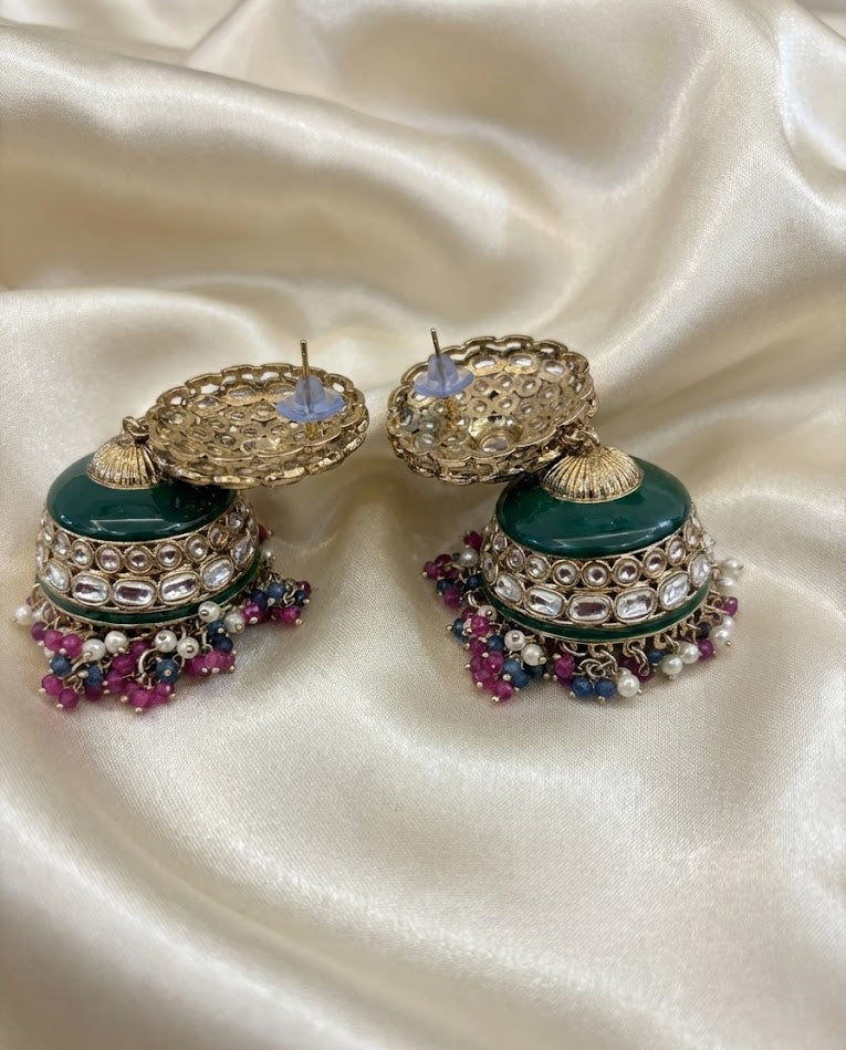 Regal Kundan Jhumka Earrings with Emerald Enamel & Pearl Drops - Rani Blue