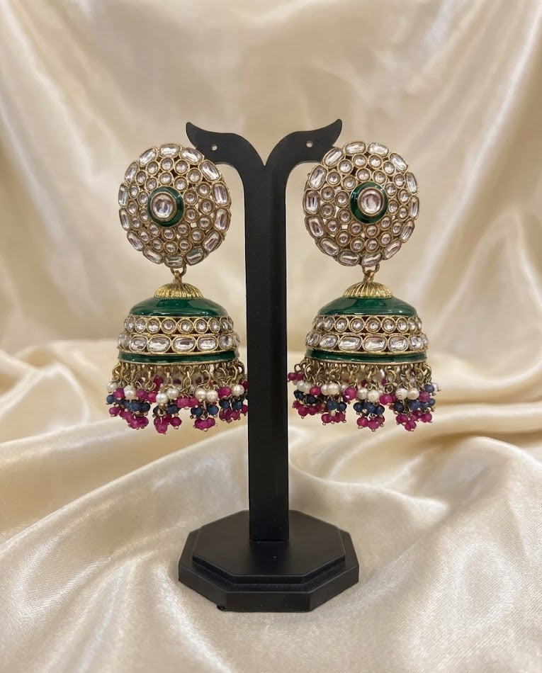 Regal Kundan Jhumka Earrings with Emerald Enamel & Pearl Drops - Rani Blue