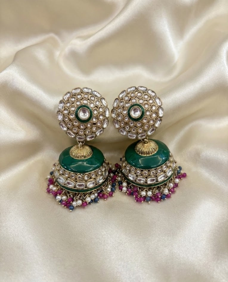 Regal Kundan Jhumka Earrings with Emerald Enamel & Pearl Drops - Rani Blue