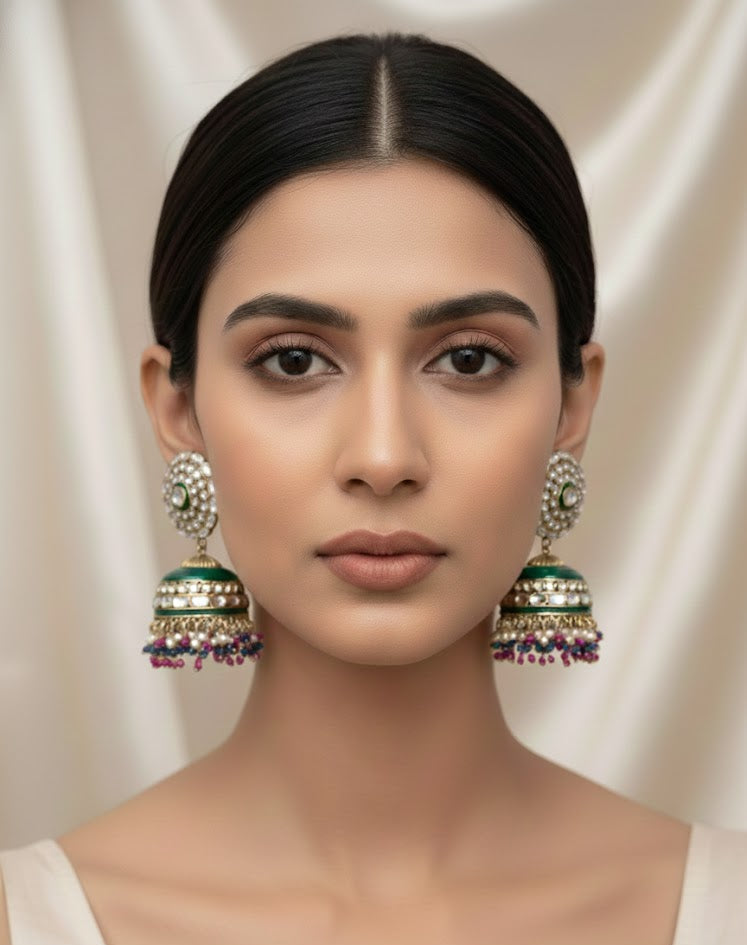 Regal Kundan Jhumka Earrings with Emerald Enamel & Pearl Drops - Rani Pink Blue