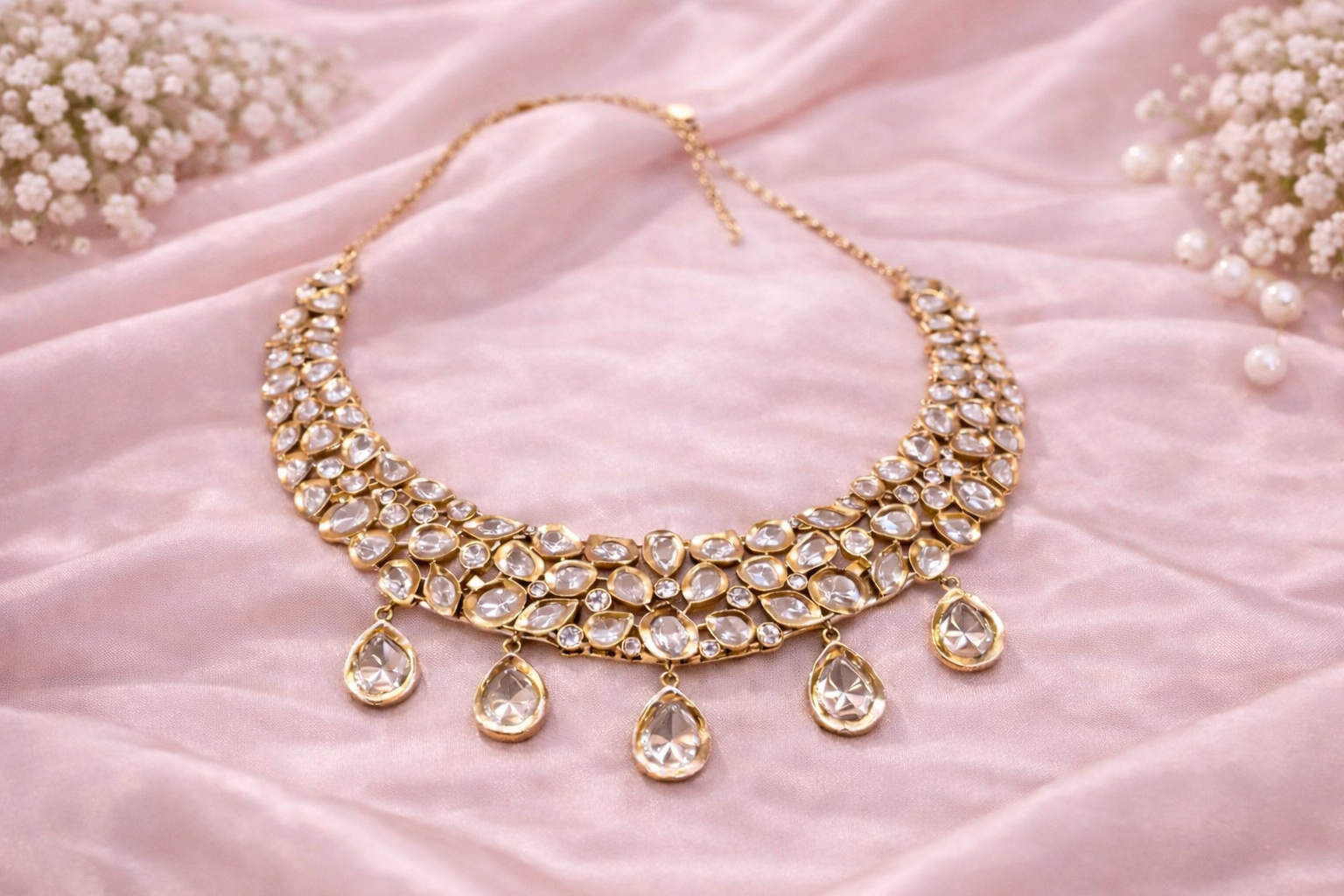The Gulmarg Rose Gold Victorian Polki Necklace & Chandbali Set
