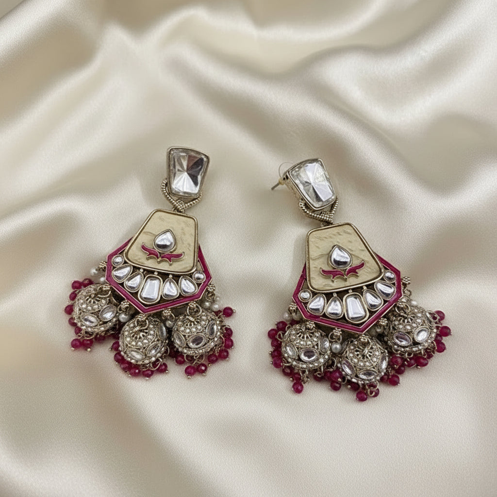 Ivory Ruby Kundan Jhumka Earrings