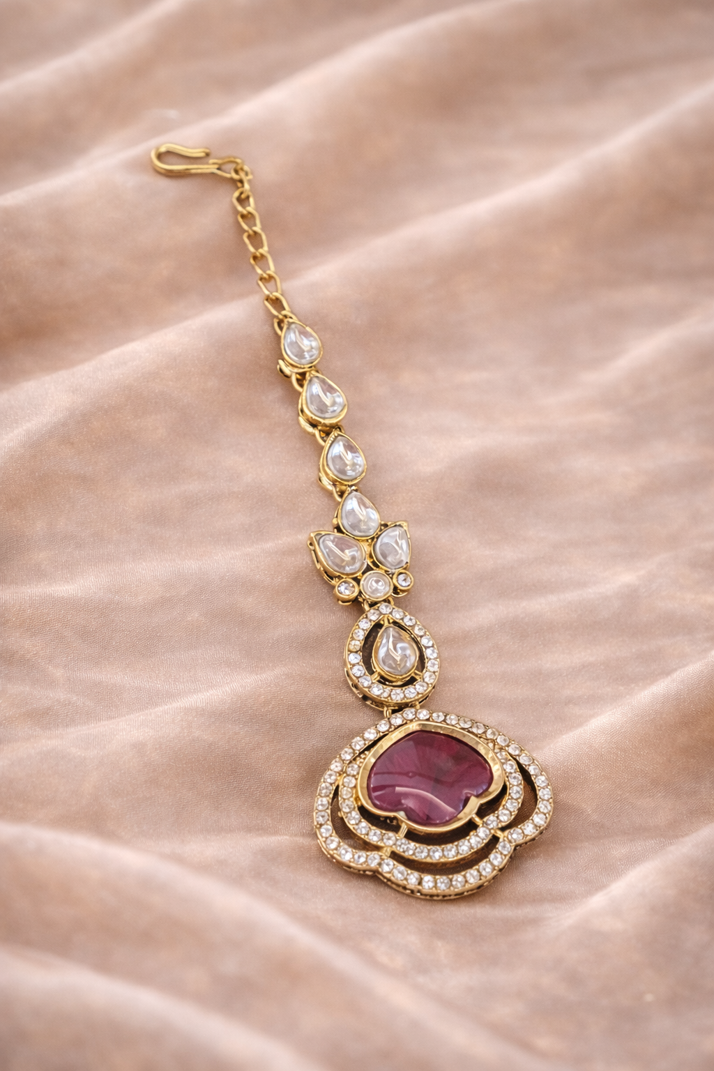 Wine & Crystal Polki Dangler  Earrings with Maang Tikka