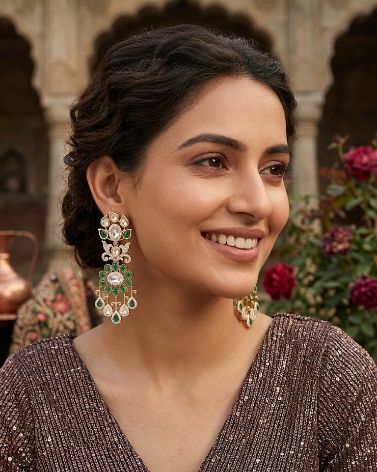 The Aira Emerald Floral Polki &  Pearl Dangle Earrings