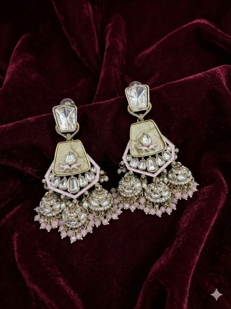 Blush Pink Ivory Ruby Kundan Jhumka Earrings