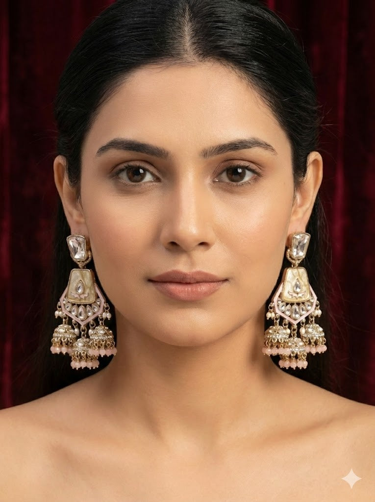 Blush Pink Ivory Ruby Kundan Jhumka Earrings