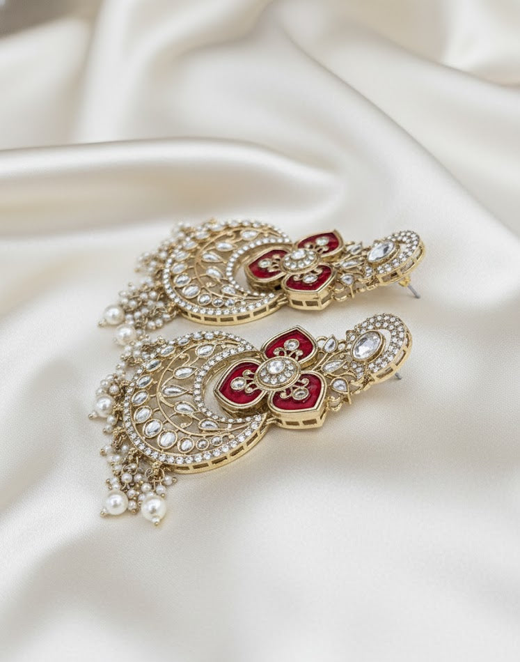 Royal Kundan Chandbali Earrings - Red
