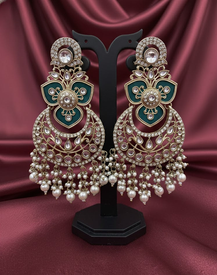 Royal Kundan Chandbali Earrings - Teal Blue