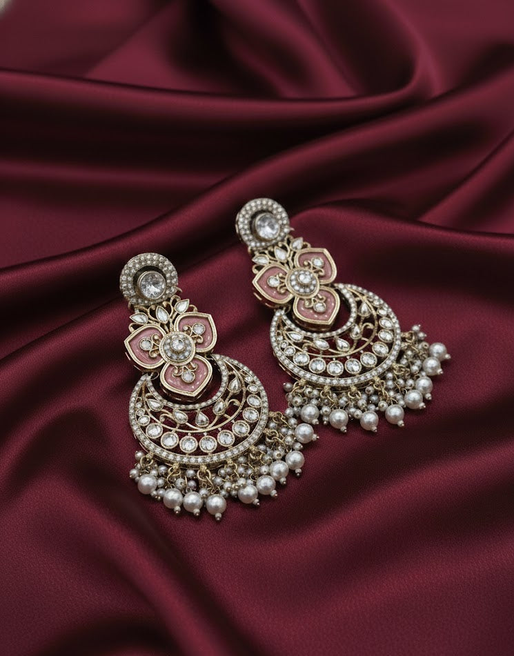 Royal Kundan Chandbali Earrings - Pink