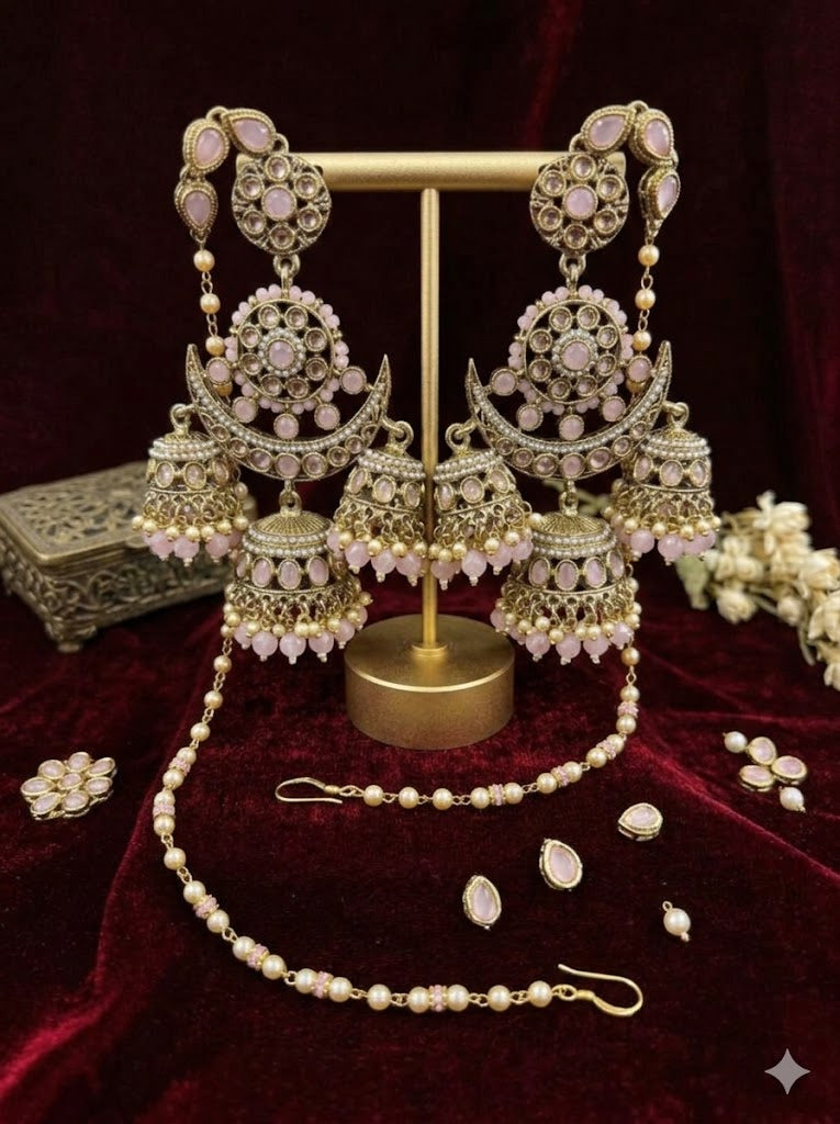 Blush Pink Chandni Triple-Layer Kaan-chain Jhumka