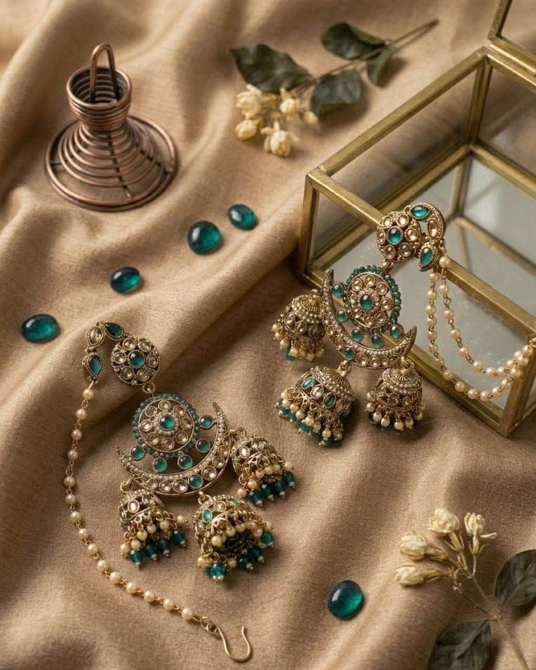 Teal Blue Chandni Triple-Layer Kaan-chain Jhumka