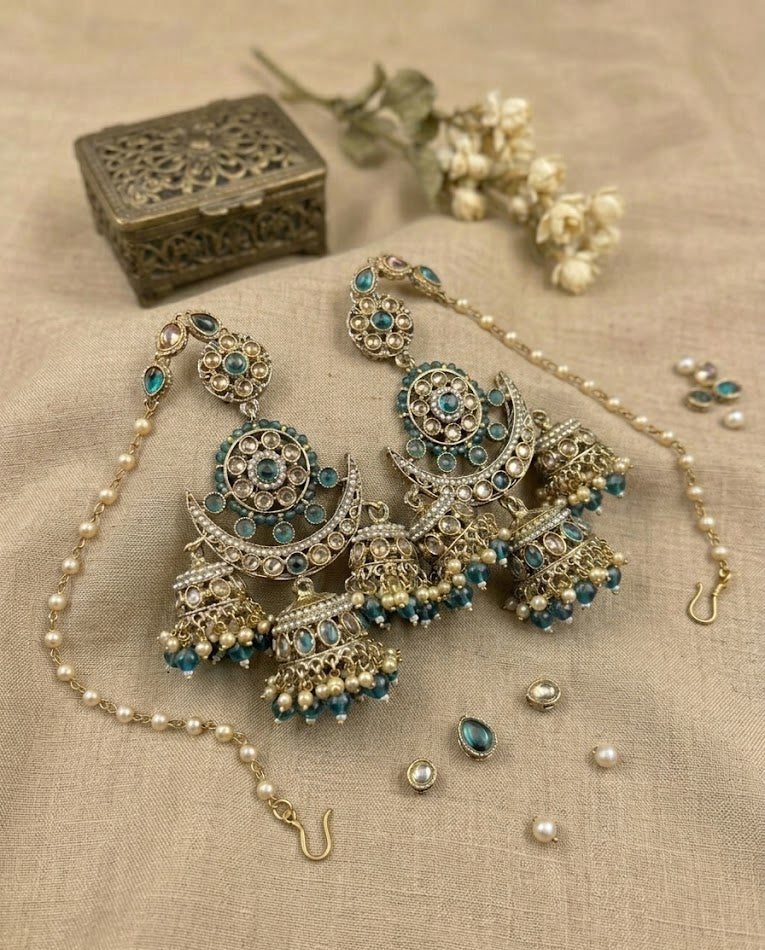 Teal Blue Chandni Triple-Layer Kaan-chain Jhumka