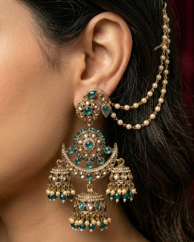 Teal Blue Chandni Triple-Layer Kaan-chain Jhumka