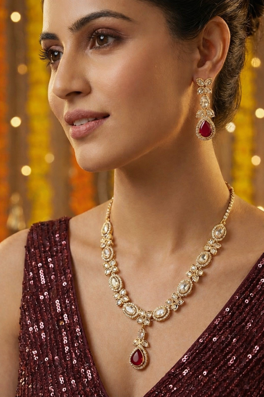 Contemporary Oval Kundan  & Ruby Pendant Set