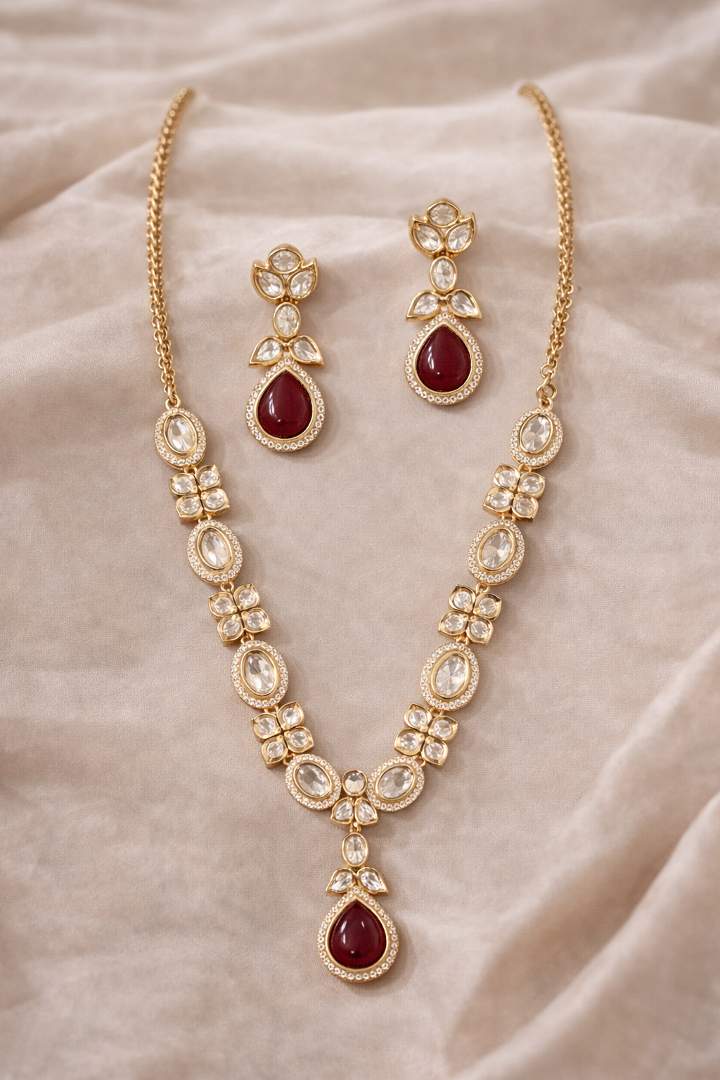 Contemporary Oval Kundan  & Ruby Pendant Set
