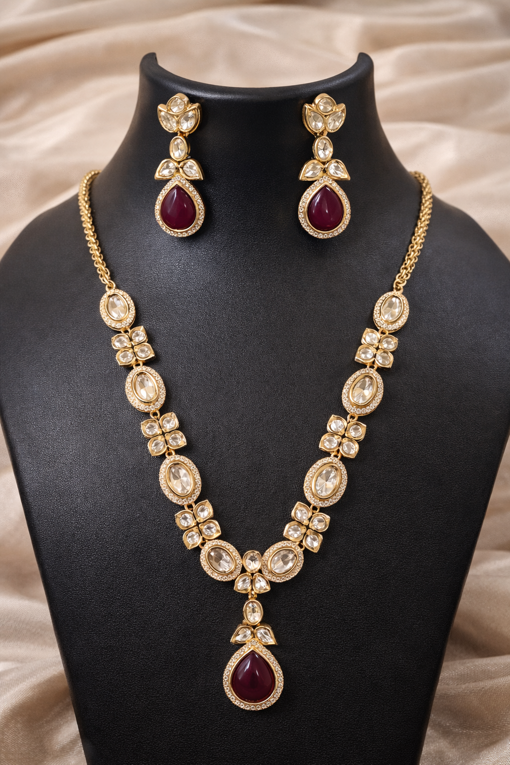 Contemporary Oval Kundan  & Ruby Pendant Set