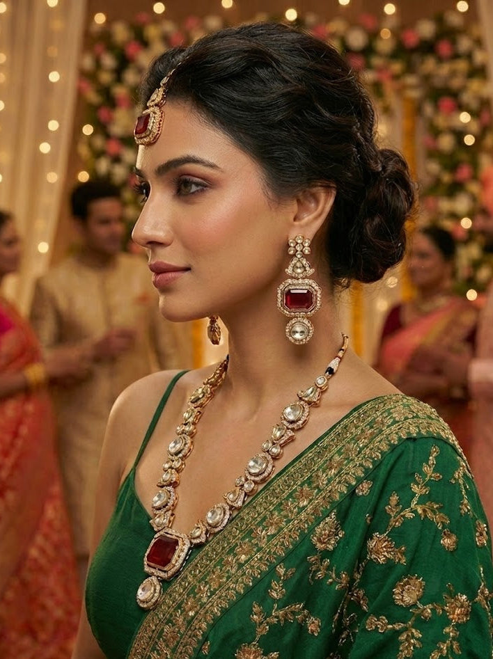 The Crimson Heritage Polki Necklace & Mang-Tika Set - Maroon