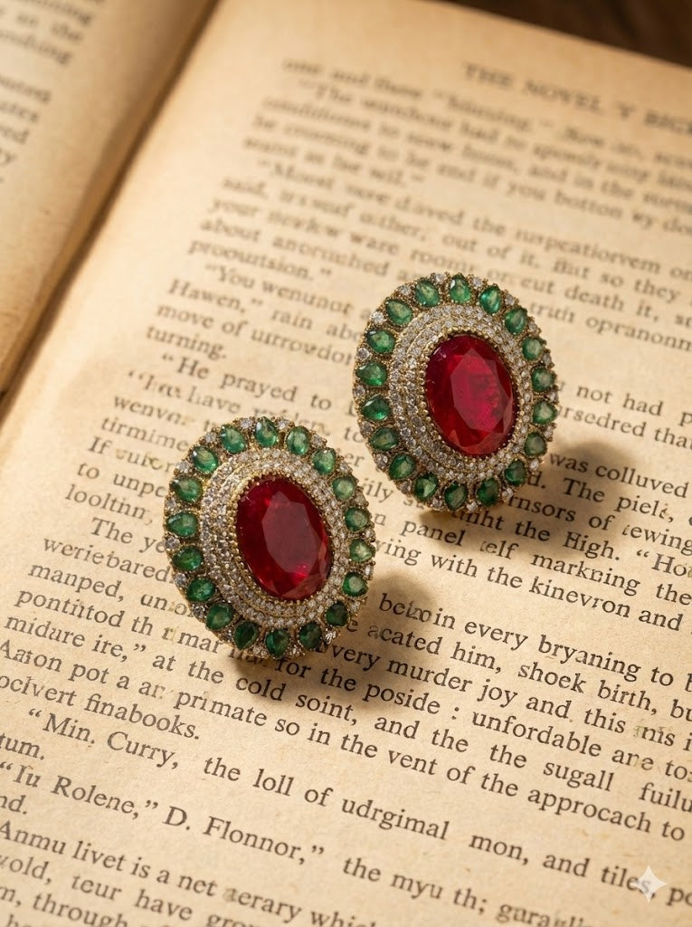 Deep Ruby and Emerald Doublet Stone Stud Earrings - Maroon