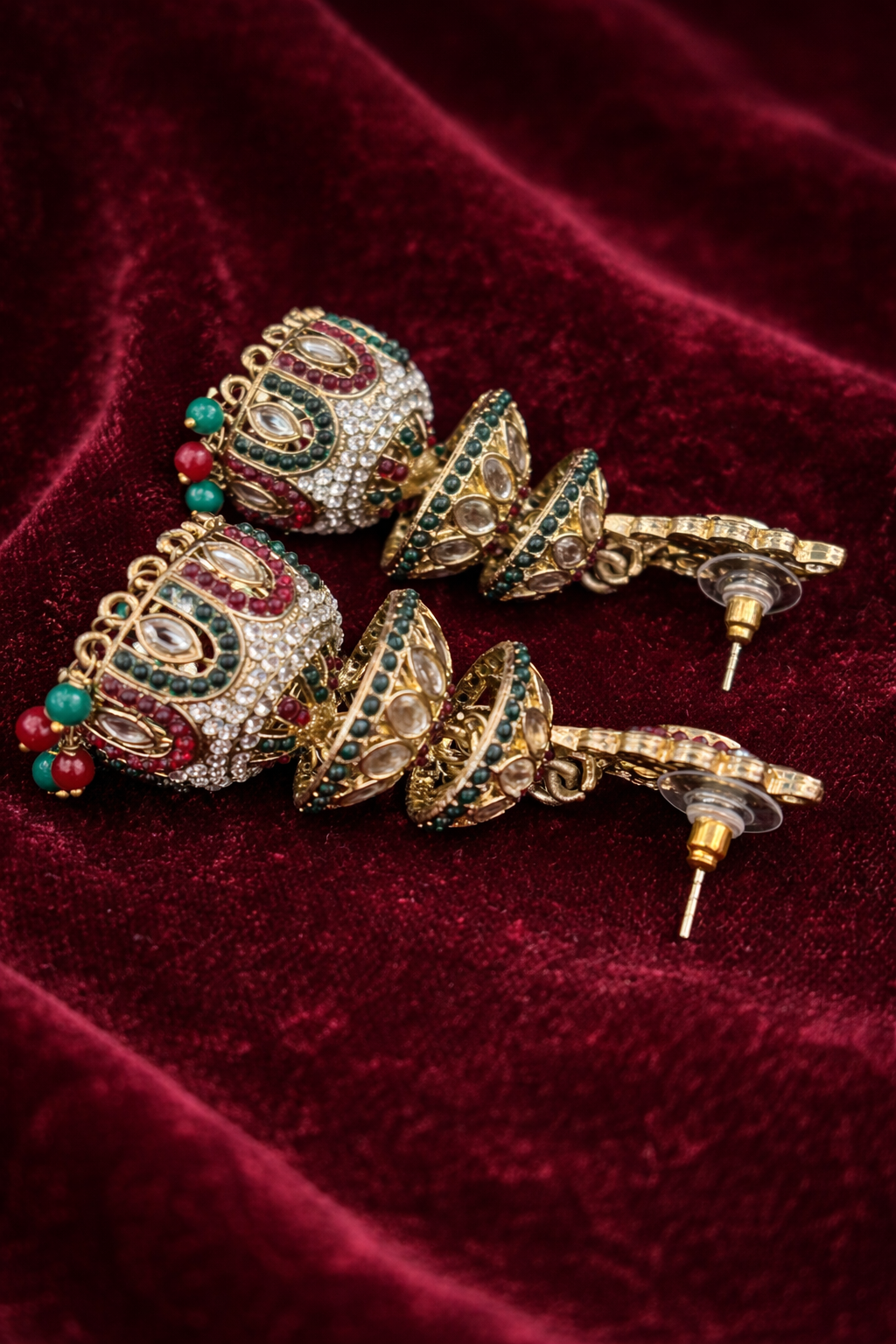Ruby & Emerald Kundan Triple-Tier Jhumka Earrings