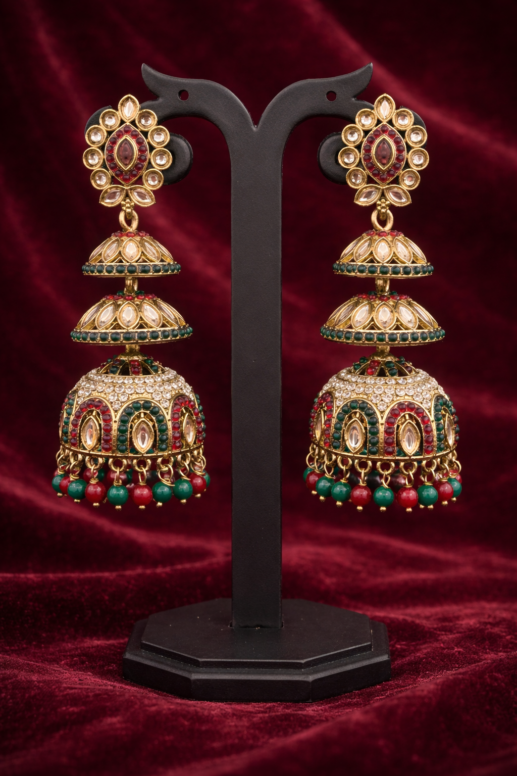 Ruby & Emerald Kundan Triple-Tier Jhumka Earrings
