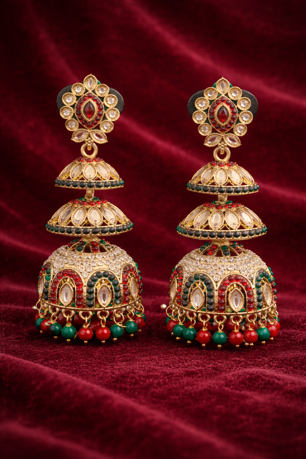 Ruby & Emerald Kundan Triple-Tier Jhumka Earrings