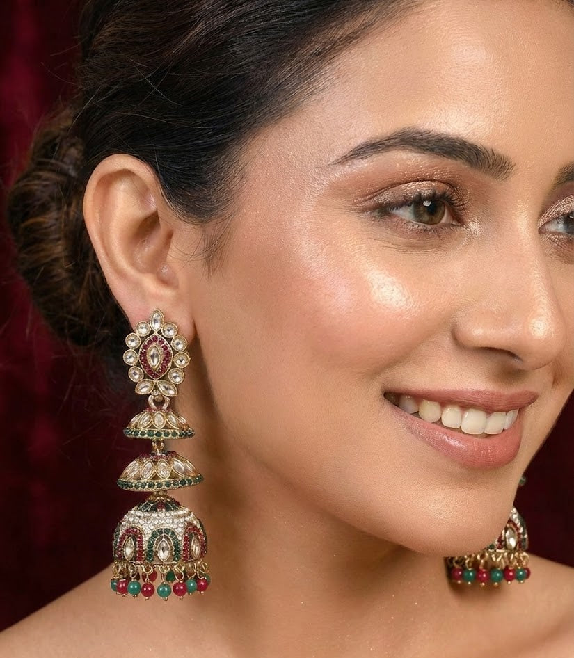 Ruby & Emerald Kundan Triple-Tier Jhumka Earrings