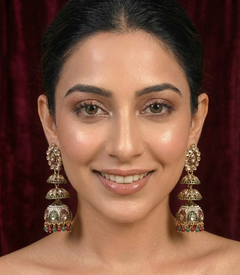 Ruby & Emerald Kundan Triple-Tier Jhumka Earrings