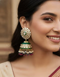 Regal Kundan Jhumka Earrings with Emerald Enamel & Pearl Drops - Rani Blue