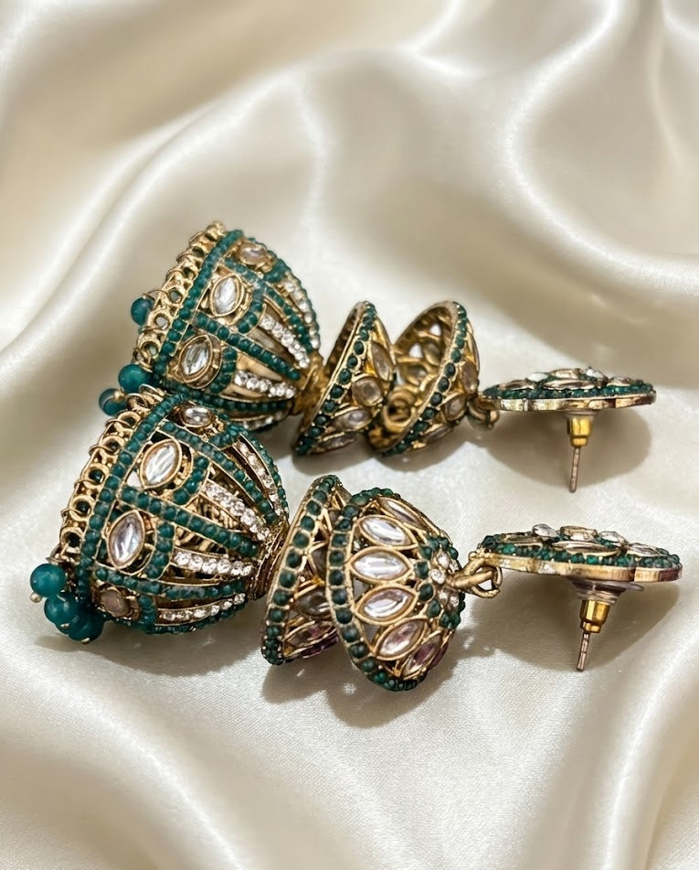 Emerald-Toned Kundan Layered Jhumka Earrings