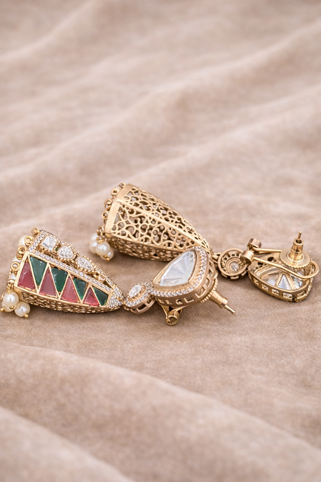 The Geometric Regal Drop Earrings - Pink & Emerald