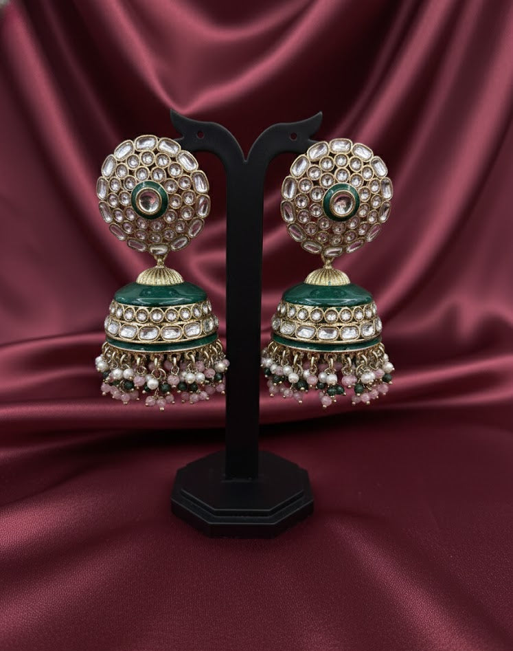 Regal Kundan Jhumka Earrings with Emerald Enamel & Pearl Drops - Rani Green